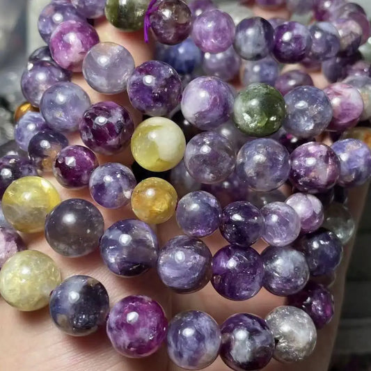 NEUES AKAC ca. 9-11 mm natürliches, gemischtfarbiges violetter Lepidolith-Armband