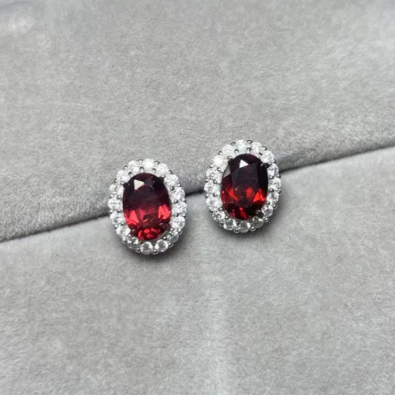 925 스털링 실버 천연 레드 가넷 5*7mm 여성용 스터드 귀걸이