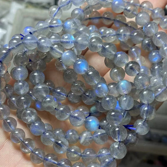 5 Armbänder, blau glänzender Labradorit, Perlen ca. 7–7,8 mm, Großhandel AKAC