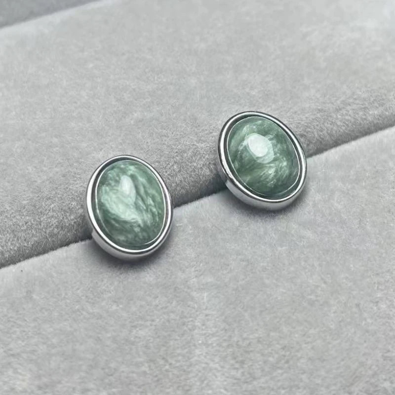 Boucles d'oreilles puces en argent sterling 925 et séraphinite naturelle (environ 7 x 9 mm) pour femme