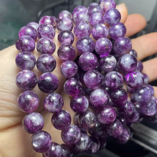 2 bracelets en perles de lépidolite violette naturelle d'environ 10 mm (vente en gros)