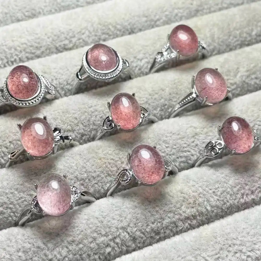 5pcs  Natural strawberry quartz white copper adjustable ring