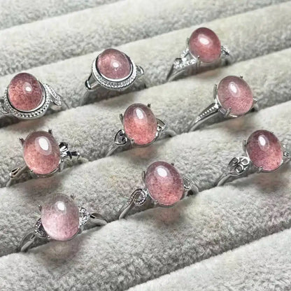 5pcs  Natural strawberry quartz white copper adjustable ring