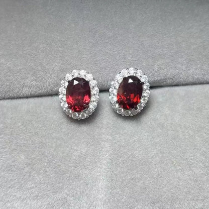 925 스털링 실버 천연 레드 가넷 5*7mm 여성용 스터드 귀걸이