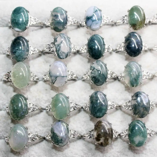 5Rings AKAC ca. 10*13mm natürlicher grüner Moosachat verstellbarer Ring aus weißem Kupfer, Großhandel, zufällige Auswahl