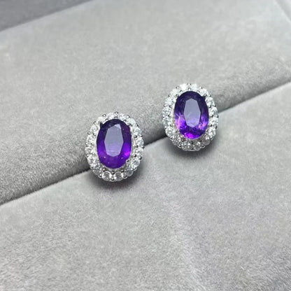 925 스털링 실버 천연 자수정 약 5*7mm 여성용 스터드 귀걸이