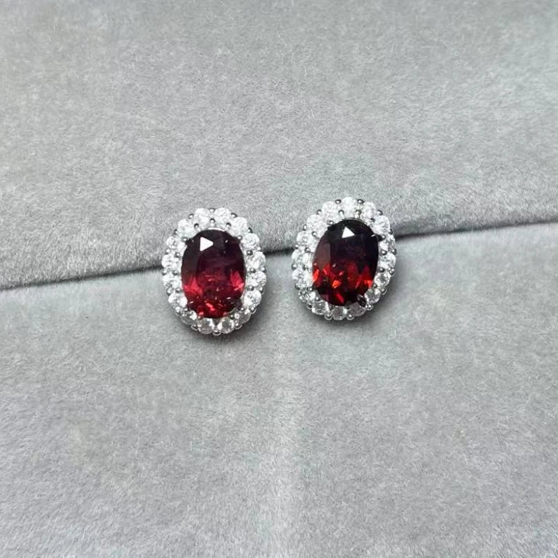 925 스털링 실버 천연 레드 가넷 5*7mm 여성용 스터드 귀걸이