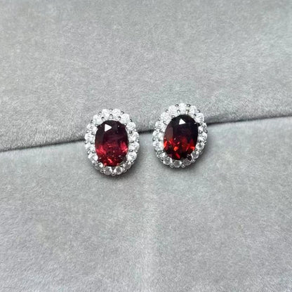 925 스털링 실버 천연 레드 가넷 5*7mm 여성용 스터드 귀걸이