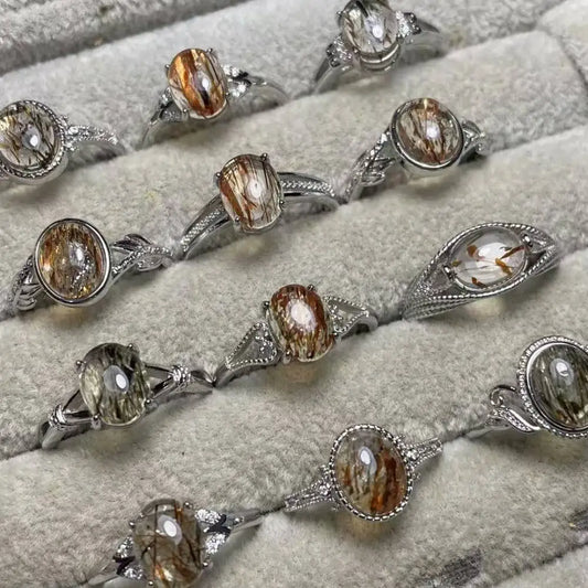 5Ringe AKAC ca. 7-8*9-10mm natürliche schwarz-goldene Rutilquarz verstellbare Weißkupferring Großhandel wird zufällig versandt