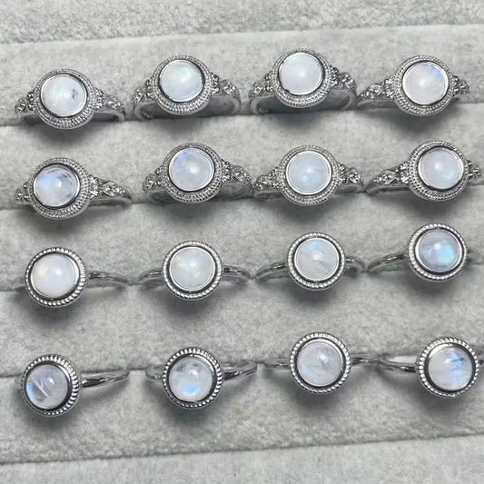 3 anillos 5 anillos Anillo de piedra lunar natural de la India AKAC aprox. 7 mm Anillo de piedra natural para mujer Anillo ajustable