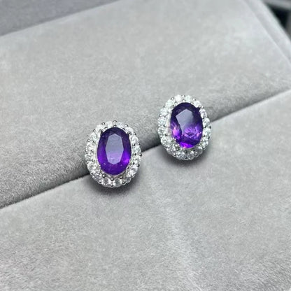 925 스털링 실버 천연 자수정 약 5*7mm 여성용 스터드 귀걸이