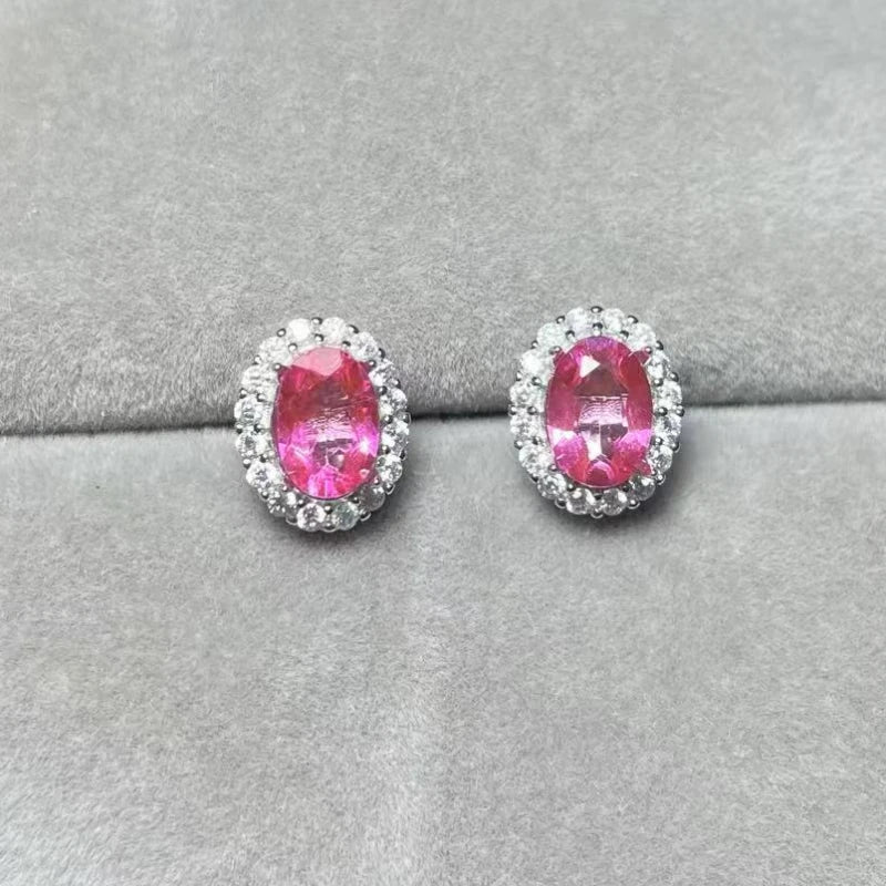 925 스털링 실버 컬러 트리트먼트 천연 핑크 토파즈 약 5*7mm 여성용 스터드 귀걸이