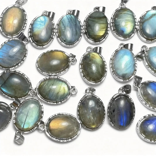 5 Stück AKAC ca. 12*16 mm natürlicher Labradorit Weißkupfer-Anhänger, zufällig versandt