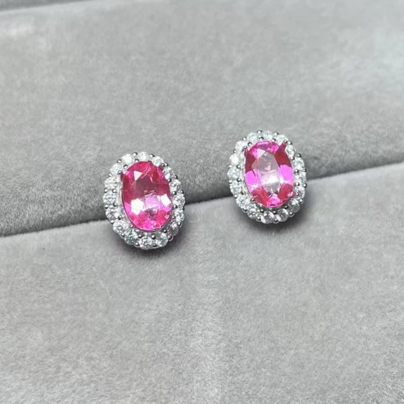 925 스털링 실버 컬러 트리트먼트 천연 핑크 토파즈 약 5*7mm 여성용 스터드 귀걸이