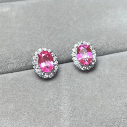 925 스털링 실버 컬러 트리트먼트 천연 핑크 토파즈 약 5*7mm 여성용 스터드 귀걸이