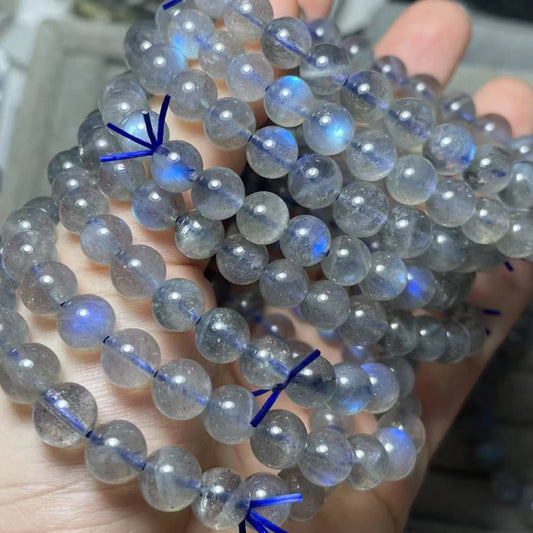 5 Armbänder, blau glänzender Labradorit, Perlen ca. 7–7,8 mm, Großhandel AKAC