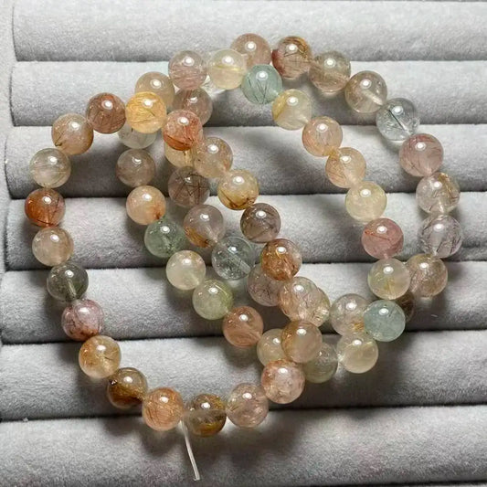 3 pulseras NUEVAS AKAC aprox. 9-10 mm Pulsera de cuarzo rutilado natural de colores