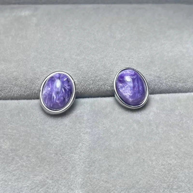 925 스털링 실버 천연 차로아이트 약 7*9mm 여성용 스터드 귀걸이