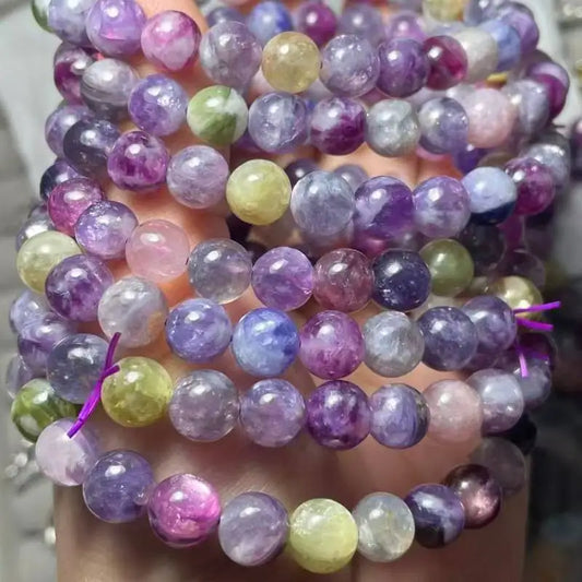 Lot de 2 bracelets d'environ 7 à 9 mm, en lépidolite AKAC 100 % naturelle de couleurs mélangées (vente en gros).