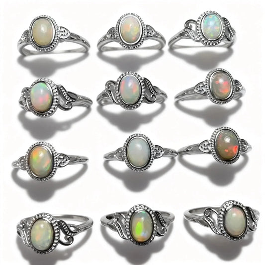 3 anillos 5 anillos AKAC aprox. 5*7 mm ópalo de fuego natural anillo de cobre blanco ajustable venta al por mayor envío aleatorio