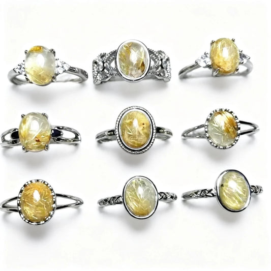 5Ringe AKAC ca. 7*9mm verstellbarer Ring aus natürlichem Rutilquarz (gold) aus Weißkupfer, Großhandel, zufällige Auswahl