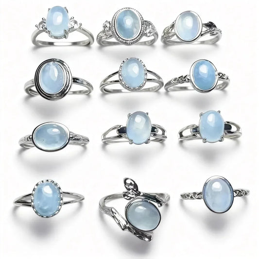 5 Ringe ca. 7*9mm natürlicher blauer Aquamarin verstellbarer weißer Kupferring Großhandel