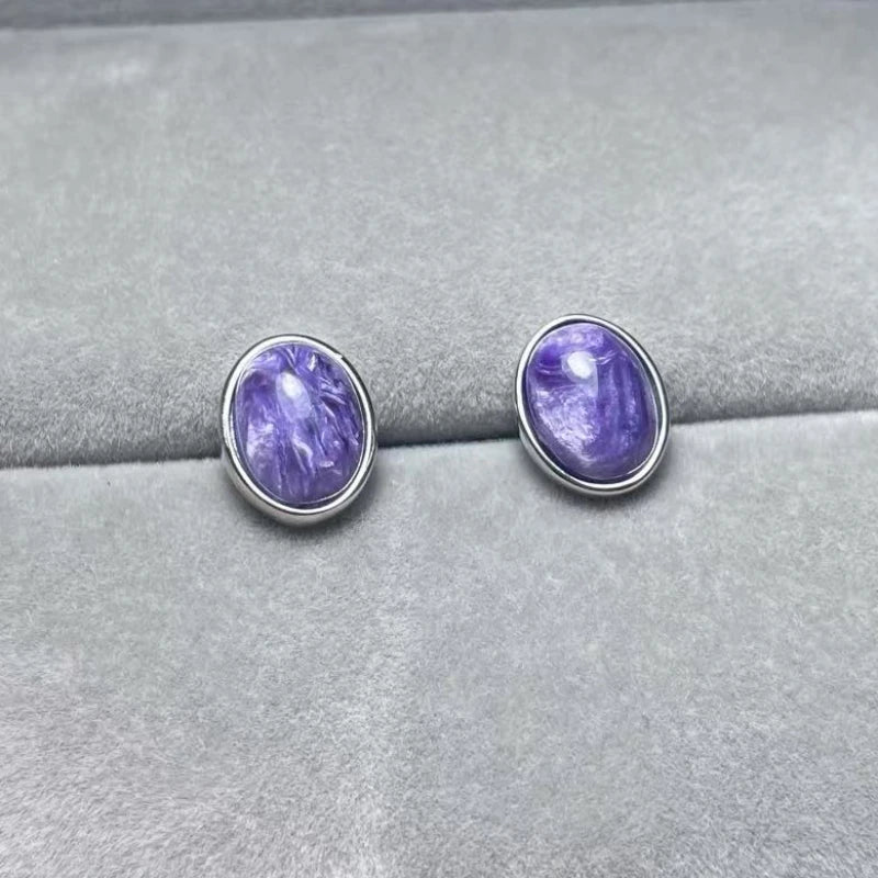 925 스털링 실버 천연 차로아이트 약 7*9mm 여성용 스터드 귀걸이