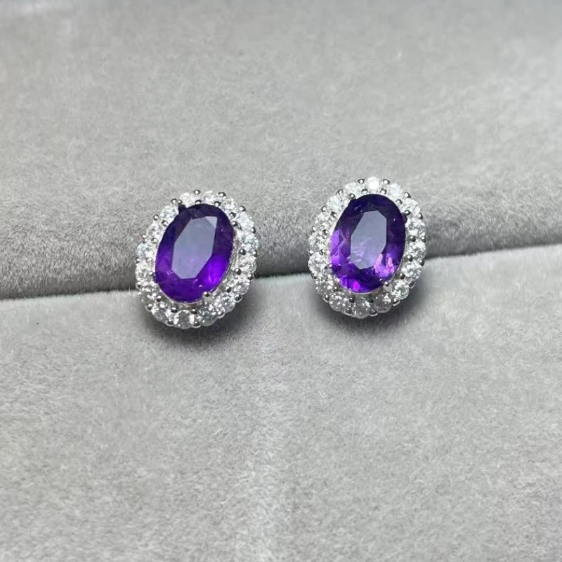 925 스털링 실버 천연 자수정 약 5*7mm 여성용 스터드 귀걸이