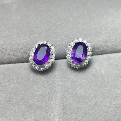 925 스털링 실버 천연 자수정 약 5*7mm 여성용 스터드 귀걸이