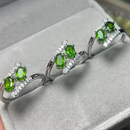 3 anillos 5 anillos diópsido verde natural Aprox. 4*6 mm Anillo ajustable de cobre blanco AKAC