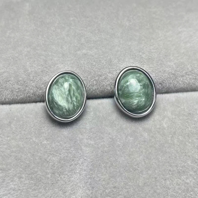 Boucles d'oreilles puces en argent sterling 925 et séraphinite naturelle (environ 7 x 9 mm) pour femme