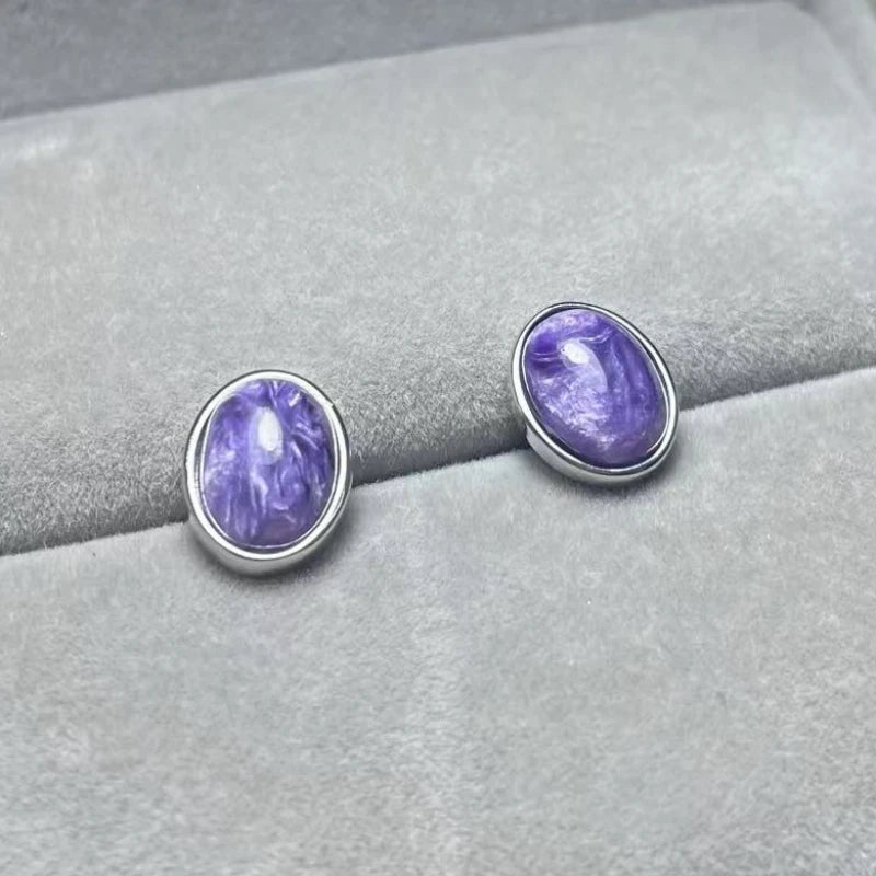 925 스털링 실버 천연 차로아이트 약 7*9mm 여성용 스터드 귀걸이