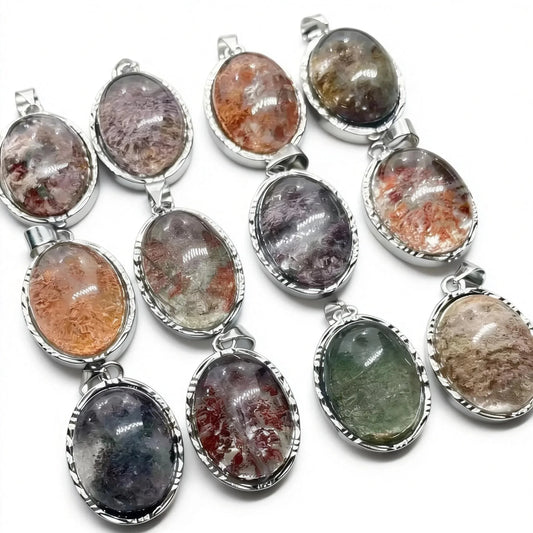 5 Stück AKAC Stein Größe ca. 12*16mm Natürlicher Phantomquarz-Anhänger Weißkupfer-Anhänger Charms werden zufällig versandt