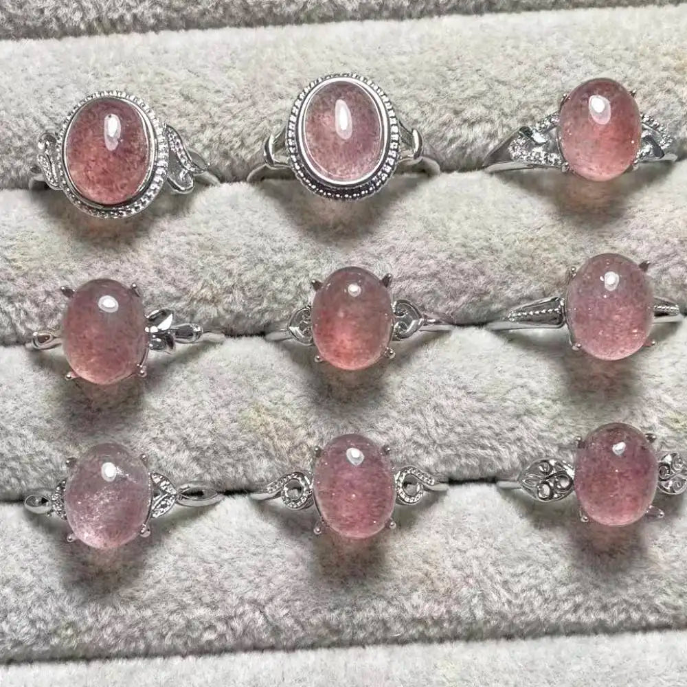 5pcs  Natural strawberry quartz white copper adjustable ring