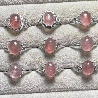 5pcs  Natural strawberry quartz white copper adjustable ring