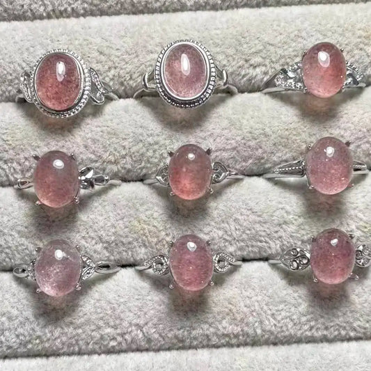 5 Stück Natur Erdbeerquarz Weißkupfer verstellbarer Ring