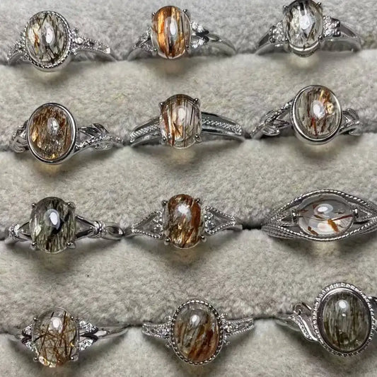 5Ringe AKAC ca. 7-8*9-10mm natürlicher schwarzer Goldrutilquarz verstellbarer Weißkupferring Großhandel zufällige Lieferung