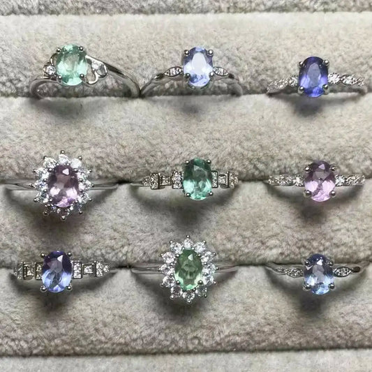 5Ringe AKAC ca. 5*7mm natürlicher bunter Fluorit verstellbarer Ring aus Weißkupfer Großhandel nach dem Zufallsprinzip versendet