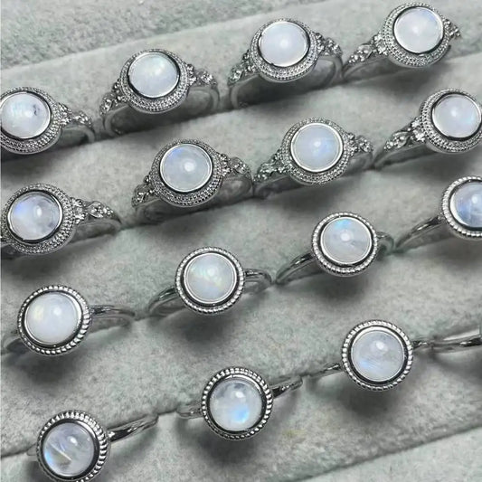 3 anillos 5 anillos Anillo de piedra lunar natural de la India AKAC aprox. 7 mm Anillo de piedra natural para mujer Anillo ajustable